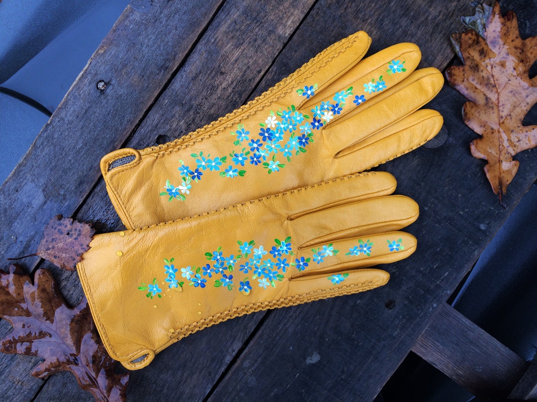 Leather Gloves Mustard Yellow Gloves Ladies Hand Painted Arm Warmers Etsy