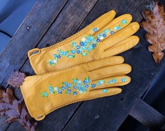 Forget-me-not leather gloves Mustard yellow gloves Ladies hand painted arm warmers