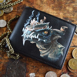 Cartera dragón Cartera personalizada hombres Cartera de cuero cadena hombres Pintado a mano
