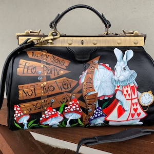 Leather doctor bag Alice from Wonderland personalized bag Hand painted March Rabbit art