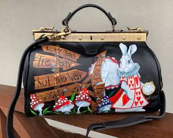 Leather doctor bag Alice from Wonderland personalized bag Hand painted March Rabbit art