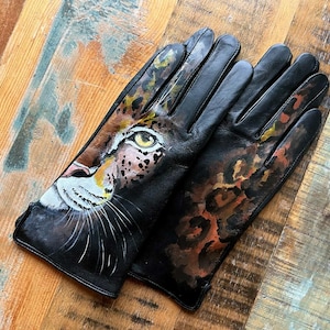 Zwart leren dameshandschoenen Leopard art armwarmers Handgeschilderd