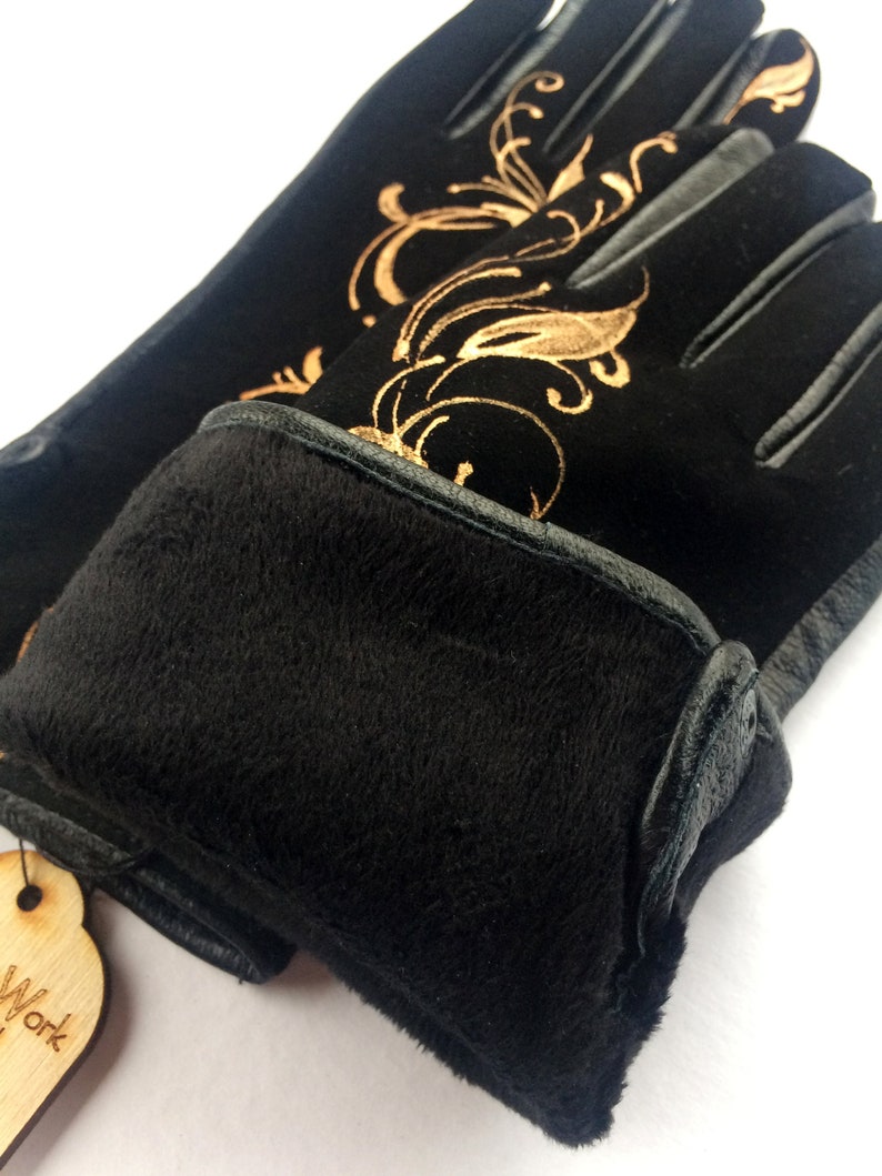 Gold Floral Gloves Black Leather Gloves Womens Hand Painted Etsy