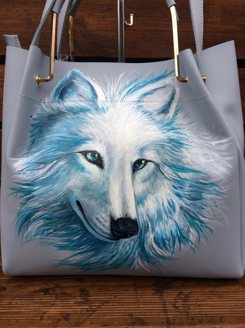 Leather laptop bag Large tote work bag women Personalized hand painted White Wolf art image 4