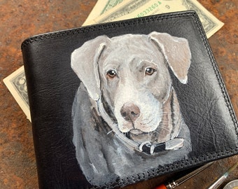 Personalized mens leather wallet Custom pet portrait from photo Hand painted