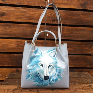 Leather laptop bag Large tote work bag women Personalized hand painted White Wolf art image 3