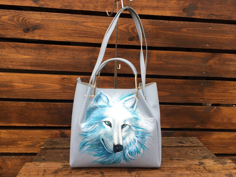 Leather laptop bag Large tote work bag women Personalized hand painted White Wolf art image 3