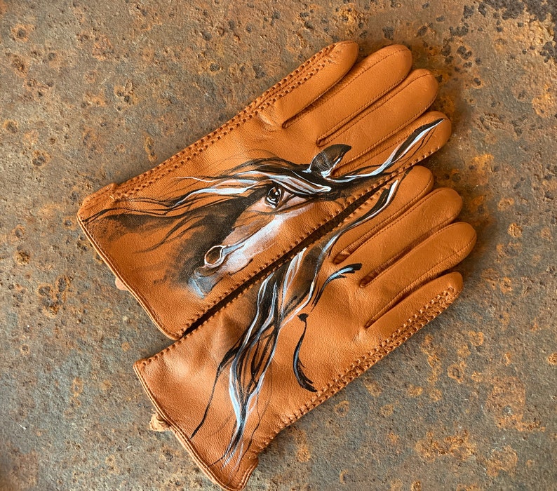 Brown gloves Leather ladies gloves Hand painted hors art image 1