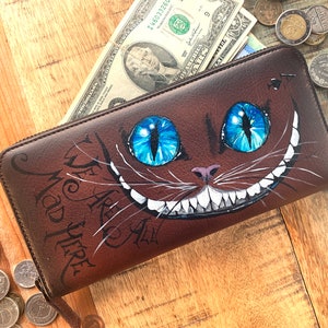 Cheshire smile zip wallet Womens long leather coin purse Hand painted Alice Wonderland art