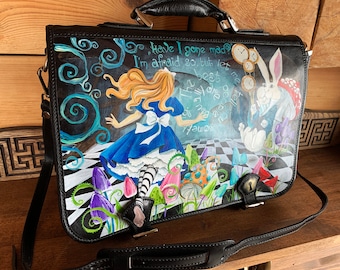Alice in Wonderland Black leather briefcase women Satchel laptop bag