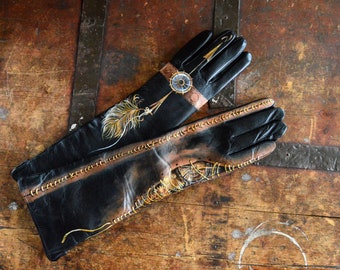 Steampunk ladies gloves Long black leather gloves Hand painted