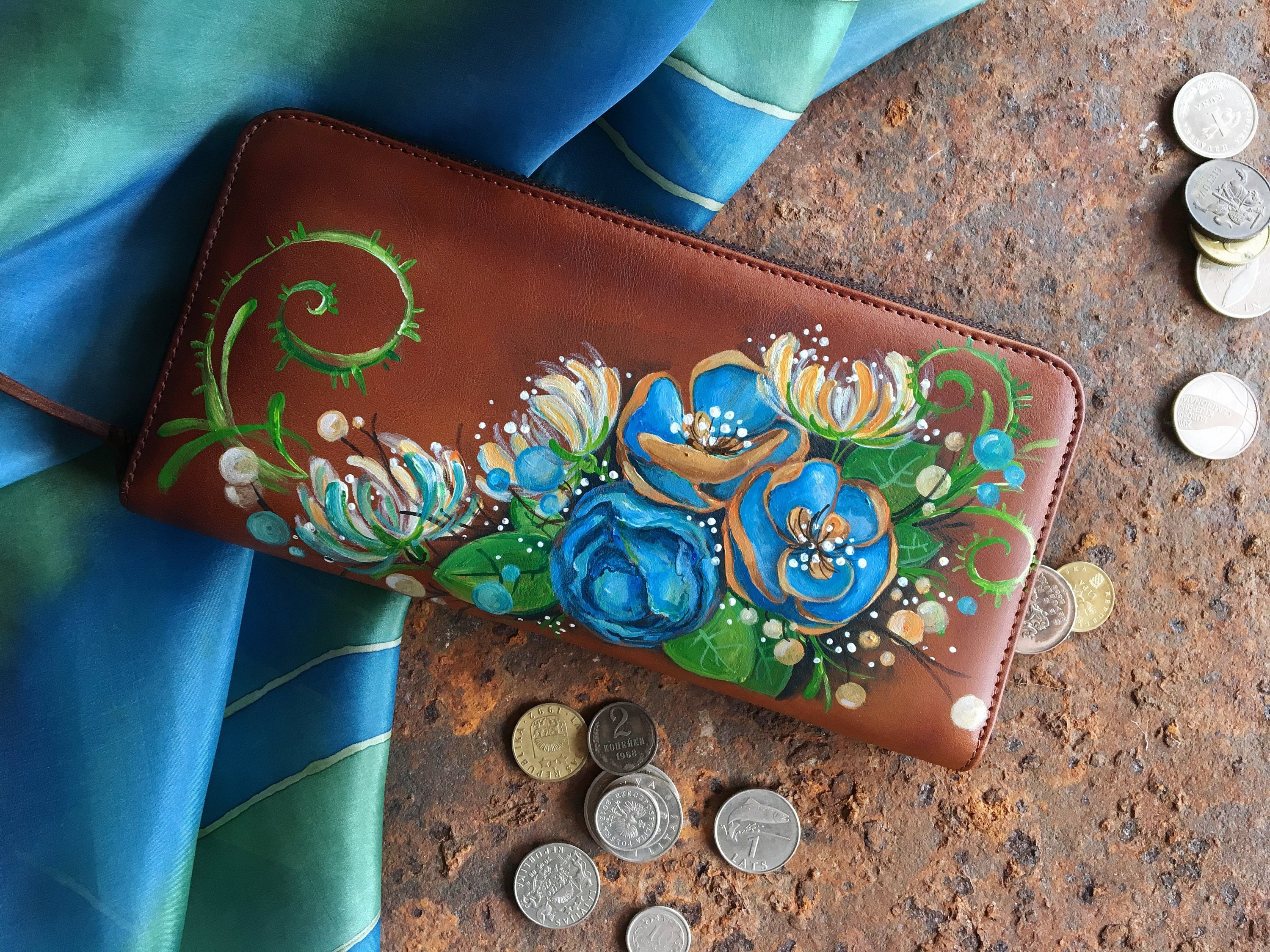 Hand Painted Wallet Cute Leather Wallet Women s Pastel Blue Flower Wallet for Women