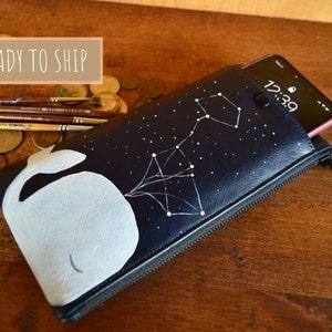 Long leather phone wallet Blue cell phone wallet Hand painted whale art