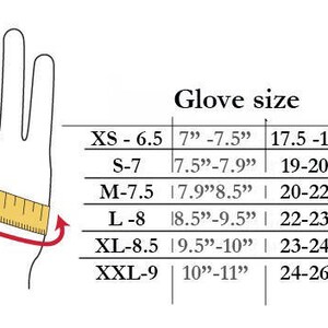 K&ouml;nnte beinhalten: Ein Diagramm, das zeigt, wie man seine Hand f&uuml;r die Handschuhgr&ouml;&szlig;e misst. Das Diagramm zeigt eine Hand mit einem Lineal, das den Umfang der Hand misst, direkt unter den Kn&ouml;cheln. Eine Tabelle listet die Handschuhgr&ouml;&szlig;en in Zoll und Zentimetern sowie die entsprechenden Handumfangs-Messungen auf.