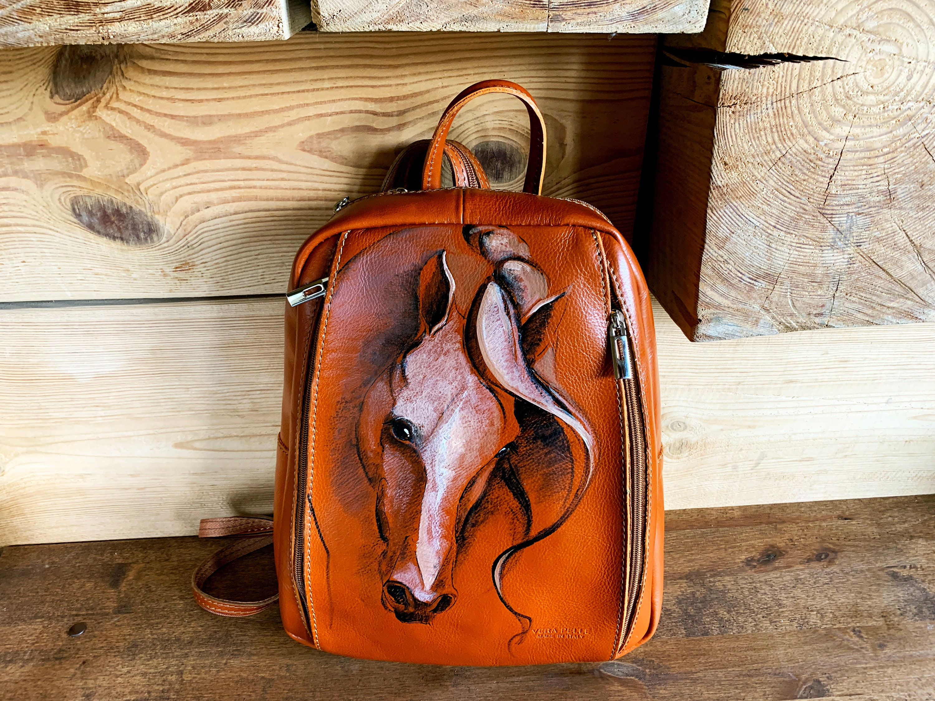 9120 Horse Family Faux Leather Leather Convertible Backpack Purse Horse Backpack Convertible Tiny Backpack Purse Hand Painted  main image 2