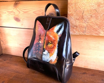 Cute Fox backpack aesthetic Mini leather backpack for women Hand painted