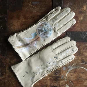 Off white gloves Leather ladies gloves Hand painted dandelion gift