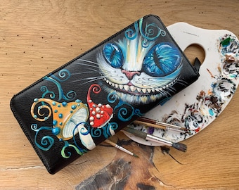 Painted wallet Cheshire smile Cute Cat wallet Leather coin purse Alice from wonderland art