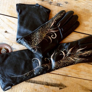 Long gloves womens Leather ladies gloves Personalized arm warmers Hand painted