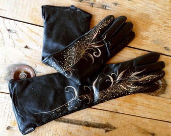 Long gloves womens Leather ladies gloves Personalized arm warmers Hand painted