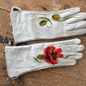 Witte handschoenen dames Dames leren handschoenen Handgeschilderde rode Poppy art