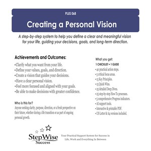 May include: A white informational document titled PLUS 068 Creating a Personal Vision. It outlines a system for life goals, listing achievements, outcomes, and contents like 1 checklist, 1 guide, 40 action steps, and 25 deep dives. Includes StepWise Success branding.
