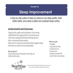 Pode incluir: Um documento digital intitulado Checklist 135 Sleep Improvement. Descreve um sistema para melhorar os hábitos de sono, listando objetivos como melhor descanso e rotinas estruturadas. Inclui 40 passos, 5 áreas de foco, ferramentas de IA e formatos PDF em A4 e US Letter.