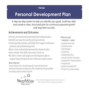 May include: A digital personal development plan document titled PLUS 066 Personal Development Plan. It outlines a system for goal setting and skill building, listing achievements, outcomes, and contents including a checklist, guide, and printable PDF.