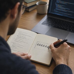 Op de afbeelding: Iemand schrijft met een zwarte pen in een open notitieboek. Op de pagina van het notitieboek staat een handgetekend rechthoekig kader met zes kleine, gestileerde menselijke iconen in een horizontale rij, wat lijkt op een interfaceontwerp.