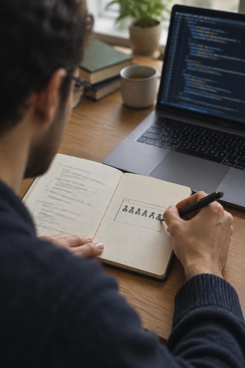 Op de afbeelding: Iemand schrijft met een zwarte pen in een open notitieboek. Op de pagina van het notitieboek staat een handgetekend rechthoekig kader met zes kleine, gestileerde menselijke iconen in een horizontale rij, wat lijkt op een interfaceontwerp.