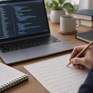 Op de afbeelding: Een zilveren laptop met programmacode op het scherm ligt naast een wit vel papier met cursief handschrift. Een houten potlood wordt boven het papier gehouden, dat repetitief schrift bevat. Een notitieblok, een mok en boeken zijn aanwezig.