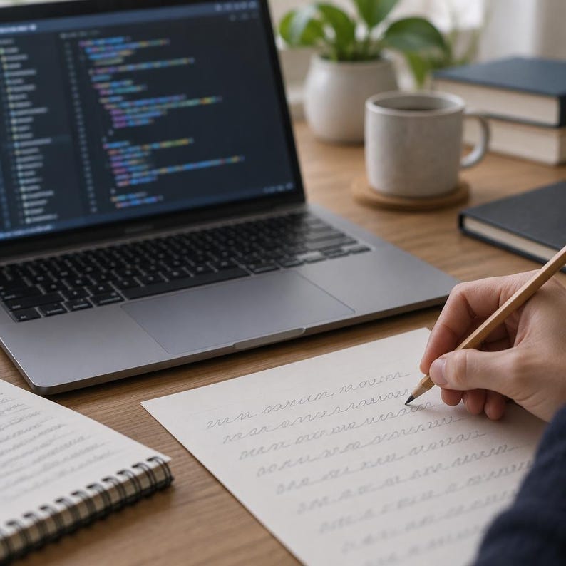 Op de afbeelding: Een zilveren laptop met programmacode op het scherm ligt naast een wit vel papier met cursief handschrift. Een houten potlood wordt boven het papier gehouden, dat repetitief schrift bevat. Een notitieblok, een mok en boeken zijn aanwezig.