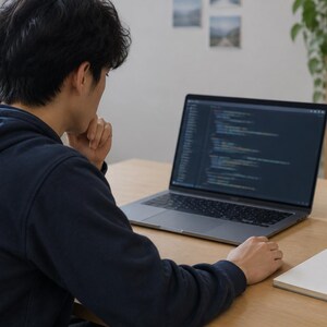 Op de afbeelding: Een donkerblauwe hoodie gedragen door een persoon die aan een houten bureau zit, kijkend naar een laptop met computercode op het scherm. Een leeg spiraalblok en een keramische mok staan op het bureau naast de laptop.