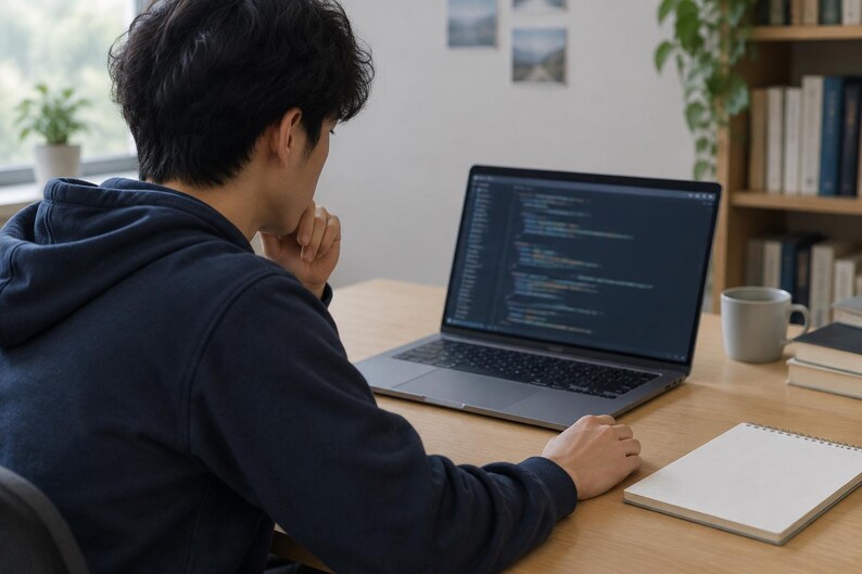 Op de afbeelding: Een donkerblauwe hoodie gedragen door een persoon die aan een houten bureau zit, kijkend naar een laptop met computercode op het scherm. Een leeg spiraalblok en een keramische mok staan op het bureau naast de laptop.