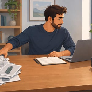 Op de afbeelding: Een persoon met een baard in een marineblauw shirt met lange mouwen zit aan een houten bureau met een laptop, een open notitieboek, een pen, een donkerblauwe mok en een stapel afgedrukte foto's met diverse producten zoals een koptelefoon, schoenen en een rugzak.