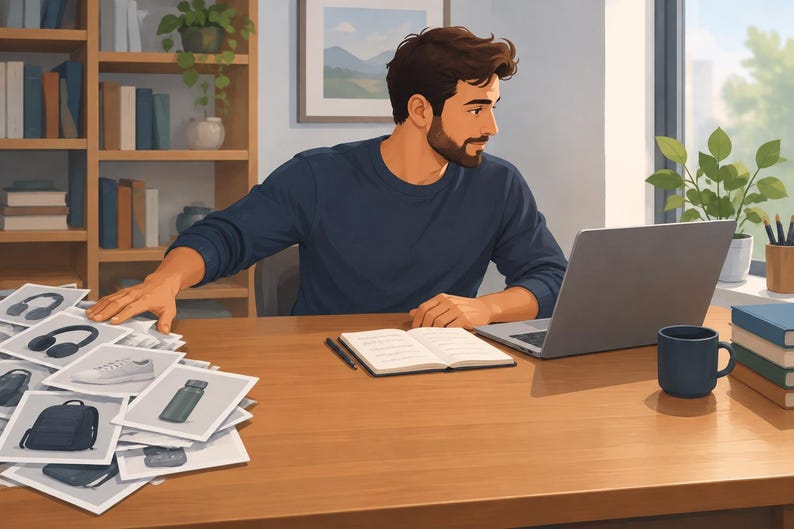Op de afbeelding: Een persoon met een baard in een marineblauw shirt met lange mouwen zit aan een houten bureau met een laptop, een open notitieboek, een pen, een donkerblauwe mok en een stapel afgedrukte foto's met diverse producten zoals een koptelefoon, schoenen en een rugzak.