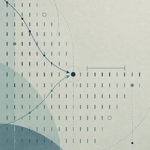 以下が含まれることがあります： ティールとブルーの幾何学的な要素で構成されたテクニカルなグラフィックプリント。垂直のダッシュのグリッド、交差する円弧、塗りつぶされたドットが、質感のあるライトグレーの背景に配置されています。