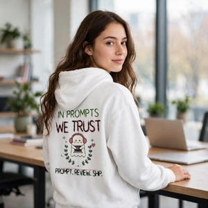 Op de afbeelding: Een witte hoodie met een afbeelding op de achterkant met de tekst IN PROMPTS WE TRUST en PROMPT. REVIEW. SHIP. Het ontwerp bevat een klein spookje met een roze koptelefoon dat een laptop gebruikt, omringd door bladeren.