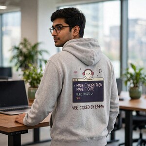 Pode incluir: Uma camisola com capuz cinzento-claro com um gráfico nas costas de uma janela de terminal de computador com o texto "MAKE IT WORK THEN MAKE IT CUTE" e "BUILD PASSED", juntamente com uma pequena personagem com auscultadores e "VIBE CODED BY EMMA".