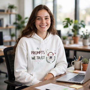 Puede incluir: Una sudadera con capucha blanca que presenta el texto "IN PROMPTS WE TRUST" en letras verde oscuro y granate, acompañada por un gráfico de un pequeño fantasma con auriculares rosas sosteniendo una tableta, rodeado por una corona de hojas.