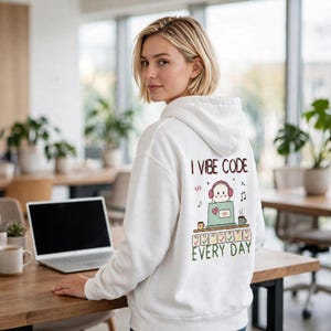 Sudadera con capucha "I Vibe Code Every Day", sudadera con capucha para programadores con estampado en la espalda, lindo programador fantasma, sudadera Vibe Coding, regalo para desarrolladores
