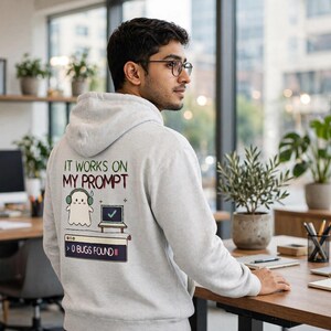 Puede incluir: Una sudadera con capucha gris claro que presenta un gráfico en la espalda con un fantasma usando auriculares, una computadora portátil con una marca de verificación y un cuadro de texto que dice IT WORKS ON MY PROMPT y 0 BUGS FOUND.