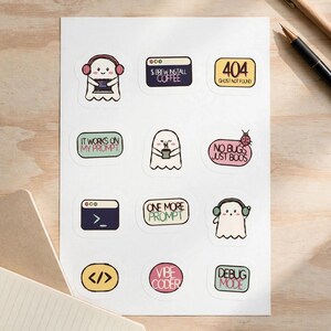 Planche d'autocollants pour programmeur, ensemble d'autocollants pour ordinateur portable « Vibe Coding », autocollants fantômes mignons pour développeurs, 404, Terminal, cadeau pour codeur, ingénieur logiciel
