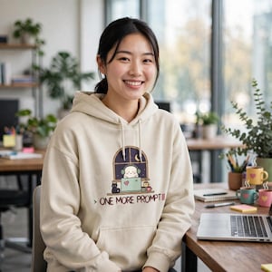 Op de afbeelding: Een beige hoodie met een afbeelding van een klein figuurtje met een koptelefoon achter een laptop voor een raam 's nachts, met een kat en mokken erbij. De tekst onder de afbeelding luidt: "ONE MORE PROMPT".