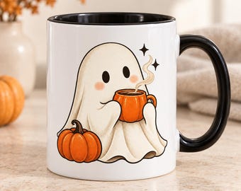 Ghost Pumpkin Coffee Mug, Halloween Ceramic Cup, Black Handle Interior (11 oz)