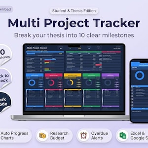 May include: A digital Multi Project Tracker for students and thesis work, displayed on a laptop and smartphone screen. The interface features dark mode, 10 milestones, auto progress charts, research budget tracking, and overdue alerts.