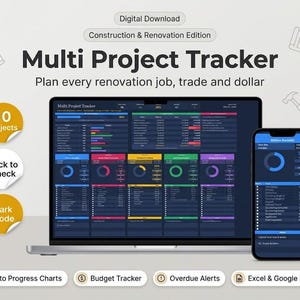May include: A digital Multi Project Tracker for construction and renovation displayed on a laptop and smartphone screen. The interface features dark mode, colorful charts, budget tracking, and progress bars. Text includes Digital Download, Construction & Renovation Edition, 10 Projects, Click to Check, and Dark Mode.