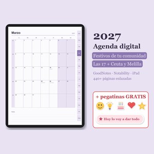 Agenda digital 2027 España con festivos de tu comunidad autónoma | Planner GoodNotes con hipervínculos 440+ páginas + pegatinas