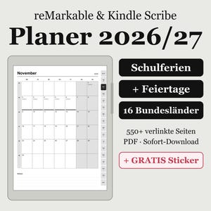 Agenda reMarkable y Kindle Scribe 2026 2027 para Alemania con vacaciones escolares y festivos de los 16 Länder | Planer + pegatinas