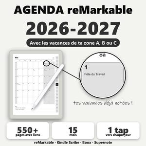 Agenda 2026-2027 reMarkable et Kindle Scribe avec vacances scolaires zones A, B, C et jours fériés | PDF e-ink avec liens + stickers